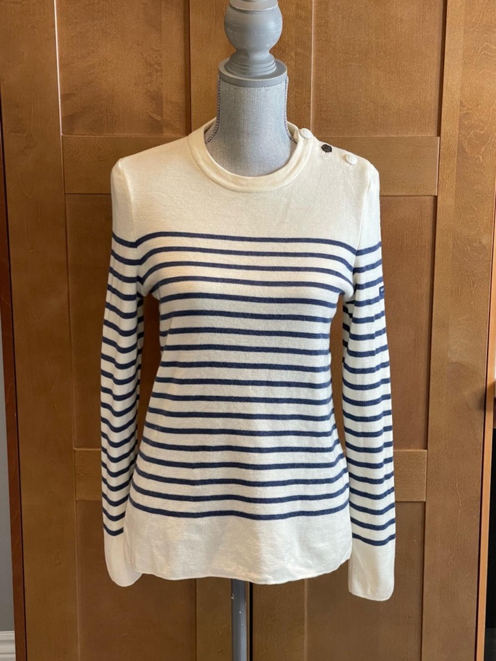 SAINT JAMES FRANCE Cream & Navy Nautical Striped Crewneck Wool Sweater, S (4-6) - Picture 2 of 13